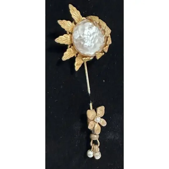 Vintage Miriam Haskell Signed Gold Tone Glass Pearl Sunflower Hat Stick Pin - Picture 2 of 7